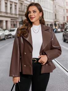 SHEIN Clasi 加大码翻领双排扣金属纽扣 PU 曲线腰时尚皮夹克棕色皮夹克女式女式皮夹克棕色女式夹克加大码皮夹克 - 棕色 - 查看 7