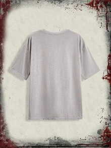 Friday the 13th X ROMWE Women Summer Figure & Letter Graphic Loose T-Shirt - Grey - View 3