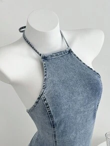 Elamini 女士夏季迷你牛仔連身裙，修身款式，露背領口設計 - 中等水洗藍 - 查看 3