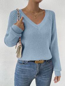 EMERY ROSE 女式休闲纯色V领插肩袖毛衣，秋冬 - 淺藍色 - 查看 7