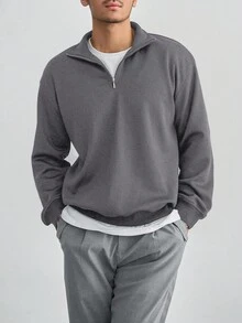 Men's Burgundy & Grey Half-Zip Pullover Sweatshirt, Autumn - Grey - View 5