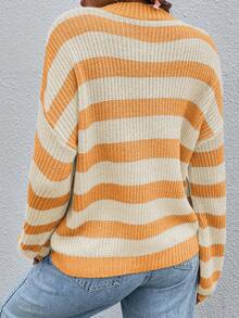 EMERY ROSE Women Casual Striped Pullover Sweater Multicolor Rib Knit Round Neck Drop Shoulder Long Sleeve Regular Length Sweater For Women Pullover For Women Orange Sweater Yellow Sweater - Multicolor - View 2