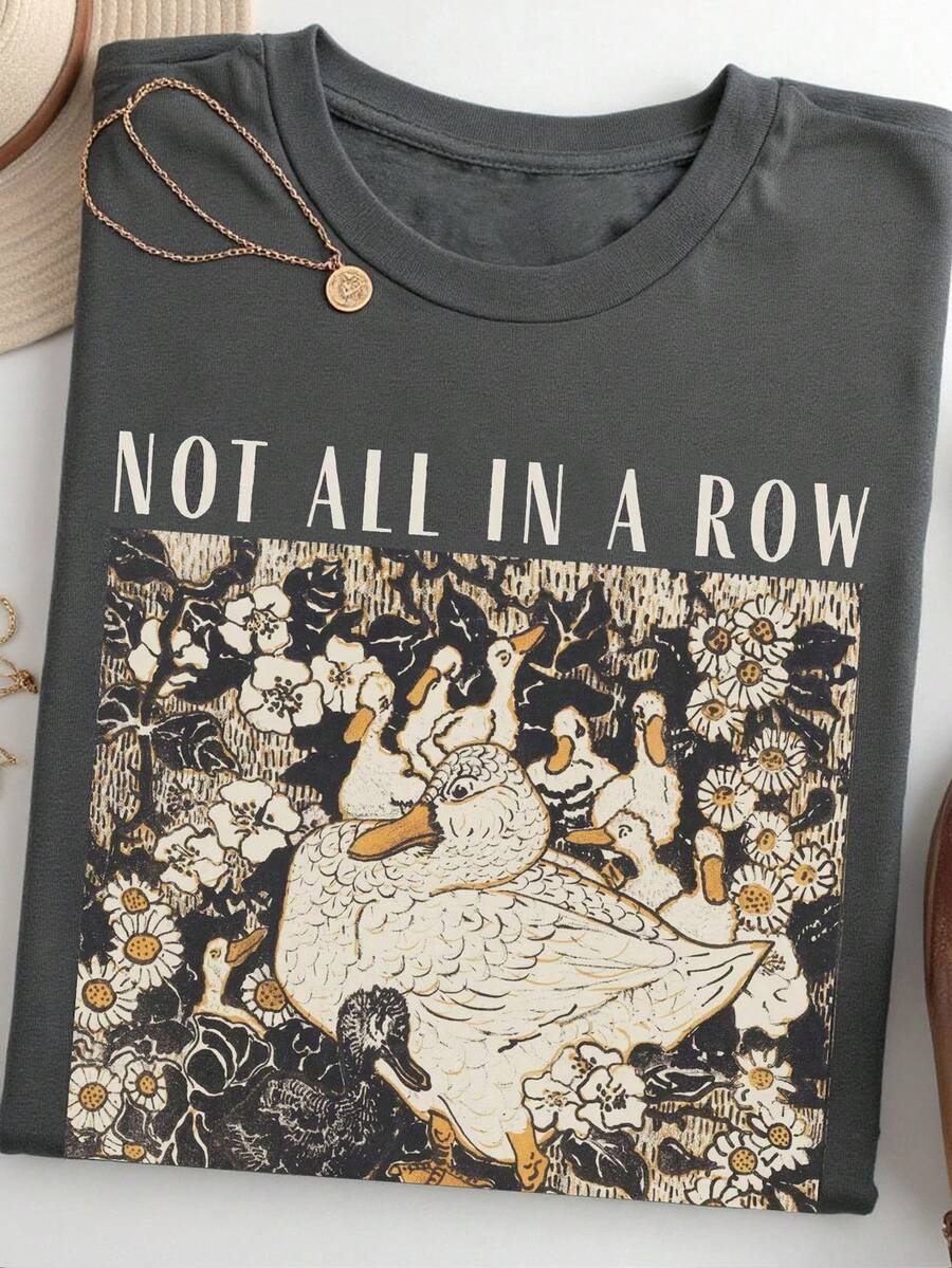 EMERY ROSE Camiseta de mujer casual de cuello redondo y manga corta con estampado - Gris Oscuro - Ver 1