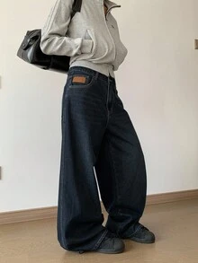 DAZY 女士直筒休闲纯色牛仔裤，宽松牛仔裤 - 藍色 - 查看 3