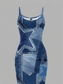 Veykashi 休闲简约长款修身吊带连衣裙，适合夏季穿着，印花面料，蓝色星星印花，性感 - 彩色 - 查看 4