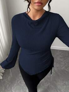 Elenzga Plus Size Women's Soft & Cozy Long Sleeve Apricot T-Shirt, Asymmetrical Hem, Suitable For Commuting & Dating, Autumn/Winter - Navy Blue - View 4