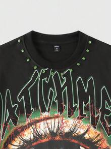 ROMWE MEN Street Life 图案印花圆领休闲宽松短款男士 T 恤，秋季 - 黑色 - 查看 2