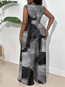 Slaydiva Casual Patchwork Pattern Round Neck Sleeveless Jumpsuit, Plus Size Jumpsuit, For Autumn, For Summer Suitable For Going Out - Dark Grey - View 2
