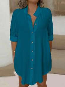 EMERY ROSE Plus Size Women's Long Sleeve Light Blue Casual Shirt Fall - Teal Blue - View 1