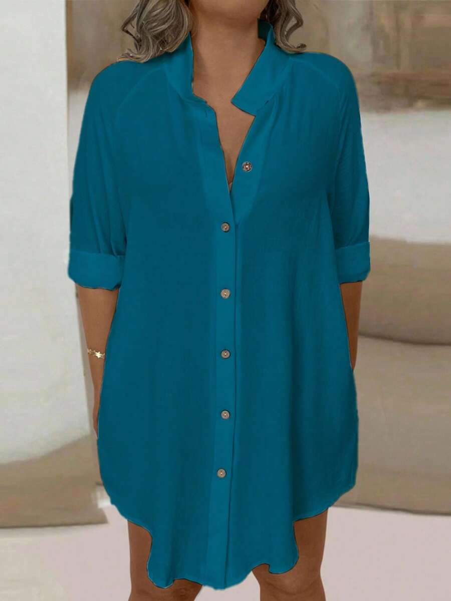 EMERY ROSE Plus Size Women's Long Sleeve Light Blue Casual Shirt Fall - Teal Blue - View 1