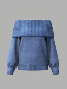 INAWLY Women's Casual Solid Color Off-Shoulder Loose Knit Sweater, Autumn/Winter - Dusty Blue - View 5
