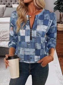 SHEIN Sudadera de mujer de manga larga con cuello redondo, media cremallera y patrón asimétrico, elegante y casual - Multicolor - Ver 5