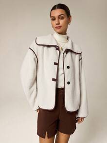 Hanevo Women's Fashion Casual Contrast Trim Drop Shoulder Regular Jacket - Multicolor - View 3