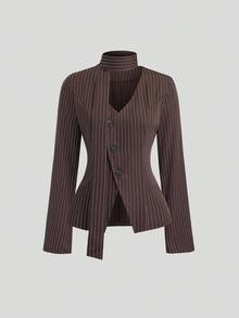 Sweetra 初秋新款韩版西装，棕色条纹设计，V领，收腰，修身时尚女士套装