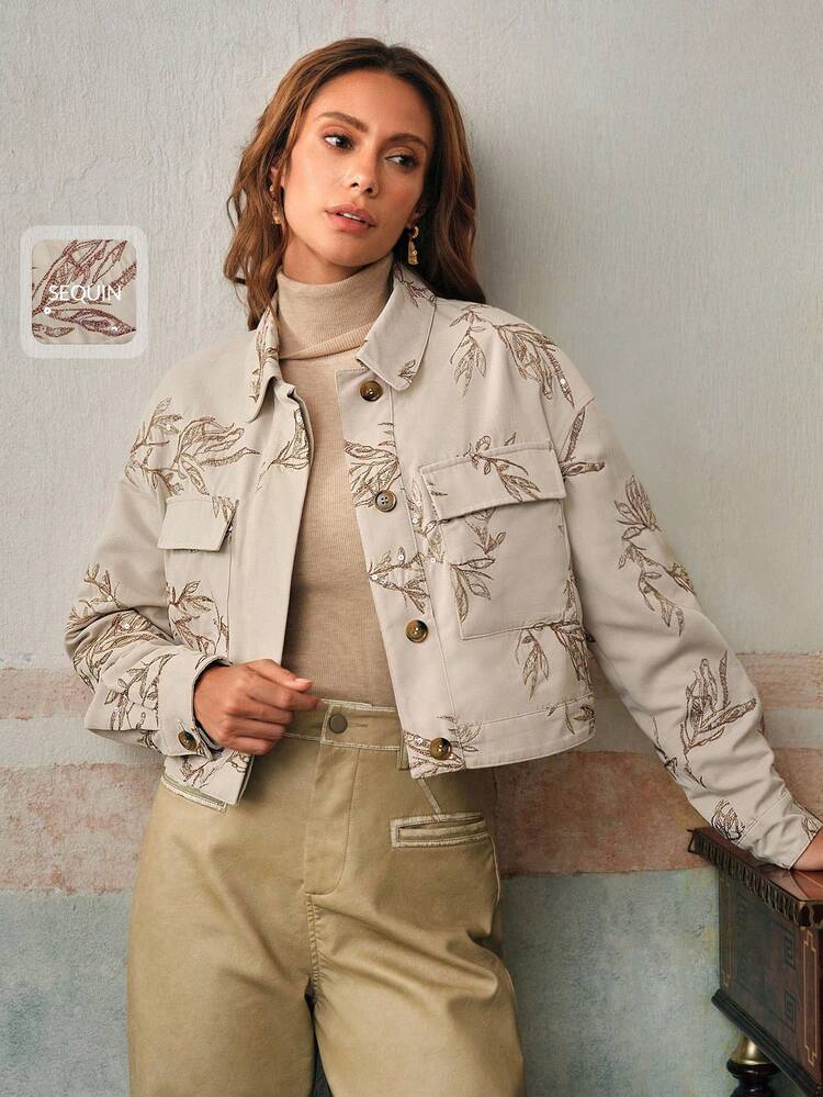 Chaqueta/abrigo de manga larga con bordados y lentejuelas en color albaricoque, elegante para citas en otoño/invierno para mujer