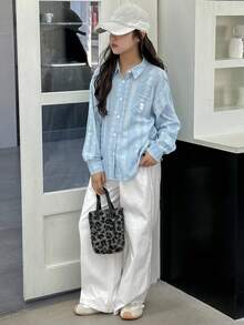 DAZY 女童条纹印花长袖梭织衬衫，青少年女孩秋装 - 藍色 - 查看 3