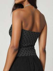 INAWLY Women's Polka Dot Print Cropped Fitted Fashionable Bandeau Top - Dark Grey - View 2