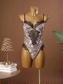 SHEIN Leopard Print Mesh & Contrast Lace Underwire Bodysuit - Multicolor - View 3