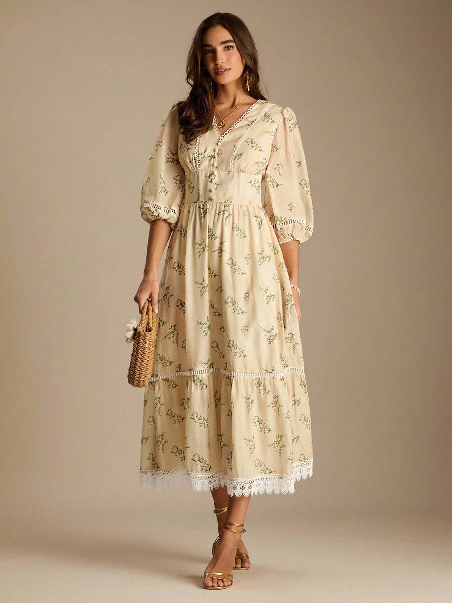 Enchnt Romantic Light Yellow Floral Print V-Neck Lantern Sleeve Ruffled Hem Dress Is Perfect For Autumn And Winter. Sweet And Elegant, It's Suitable For Vacations, Dates, Holidays, Parties, Graduations, Wedding Guests, The Beach, Dances, Sundresses, Carnivals, And Other Autumn/Winter Occasions. - Yellow - View 1