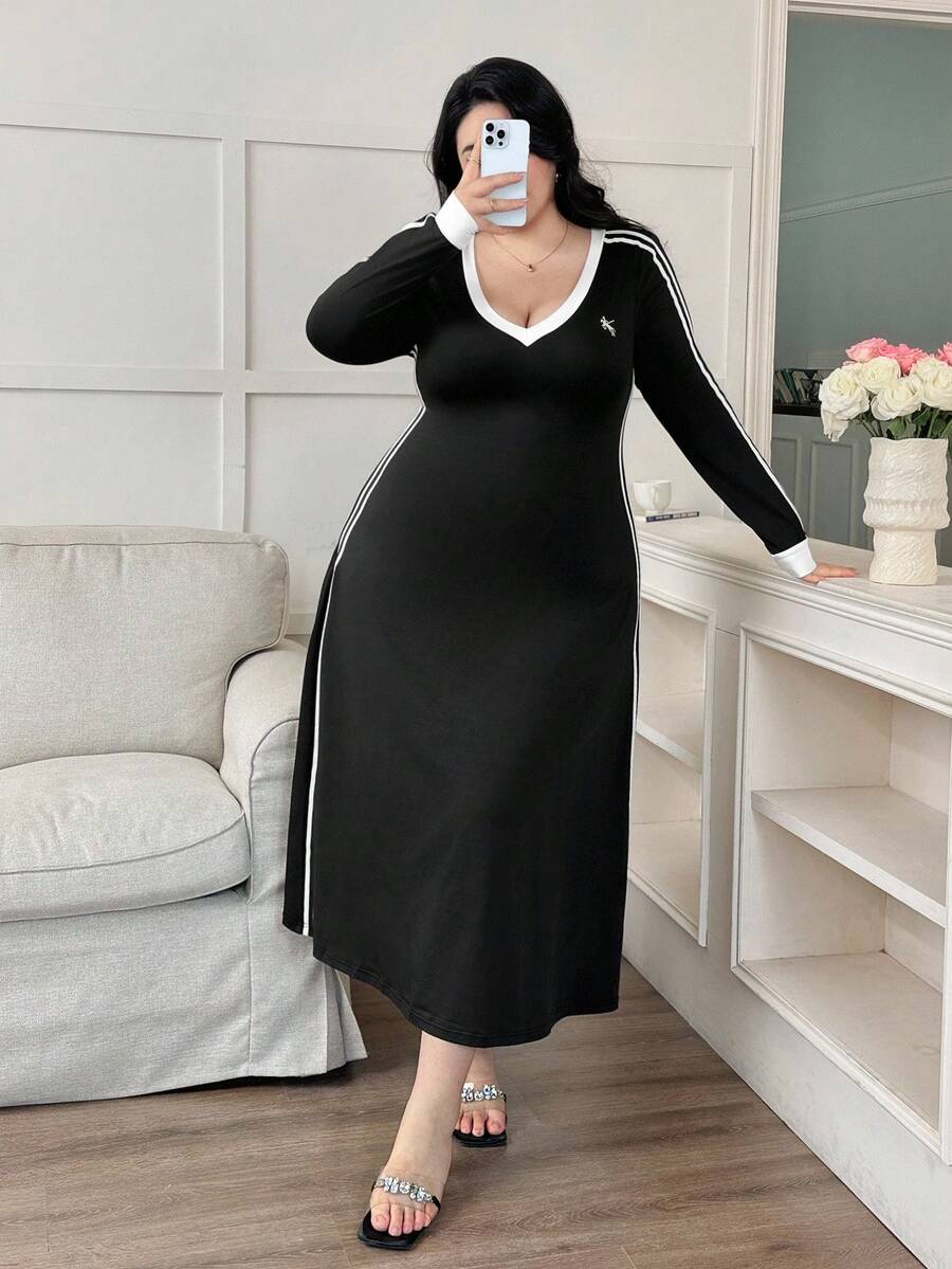 Modelyn Modisches Lässig Sexy Kleid in Große Größen für Damen, hochelastisches, weiches und bequemes besticktes Kleid, Lässig Kleid für junge Damen - Schwarz und Weiss - Übersicht 1