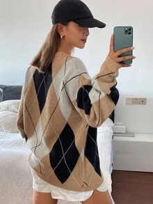 Livesso Pulover de damă în carouri, lejer, casual, cu model geometric, blocuri de culori, potrivit pentru ținute de birou, toamnă/iarnă - Kaki - Vizualizare 6