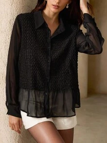 Revavyn Women's Vintage French Style Ruched Patchwork Blouse, Unique Design, Lightweight Sheer Protection Collared Button-Up Long Sleeve Shirt, Spring/Summer - Black - View 2
