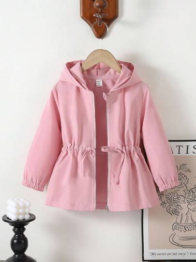 SHEIN Elladie kids 1 件年轻女孩纯色休闲连帽夹克，腰部设计，适合秋冬穿着，适用于学校、户外活动、家庭聚会，提供温暖和舒适