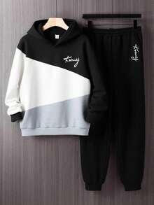 SHEIN 青少年男孩拼色文字刺繡連帽衛衣與運動長褲2件套，返校街頭風畢業秋季休閒運動服套裝 - 彩色 - 查看 2