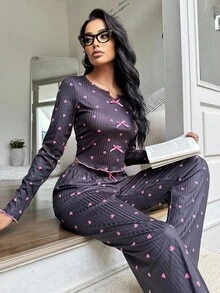 SHEIN 女士罗纹荷叶边心形印花长袖睡衣套装，修身蝴蝶结睡衣，浪漫家居服，秋季服装 - 黑色 - 查看 4