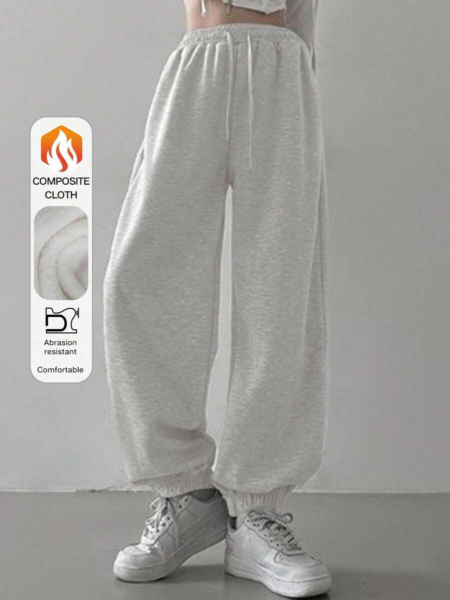 DAZY 女式休闲抽绳腰慢跑裤，适合秋冬季运动裤 - 淺灰色 - 查看 1