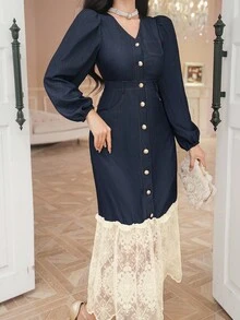 DAZY 法式复古二合一蕾丝拼布牛仔连衣裙 - 藏蓝色 - 查看 5