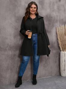 EMERY ROSE Chaqueta larga con capucha con cremallera, cintura con cordón, unicolor, estilo casual y cómodo para mujer de talla grande - Negro - Ver 5