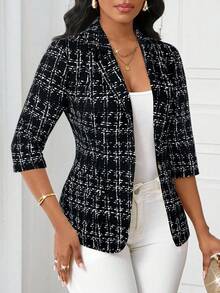 SHEIN Lady Women's Plaid Lapel Neck3/4 Sleeve Single-Breasted Casual Blazer Jacket, Autumn - Multicolor - View 7