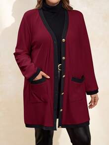 SHEIN Clasi Áo khoác cardigan dài ấm áp cài nút kim loại thanh lịch và thoải mái cho nữ cỡ lớn, màu đen và trắng, dành cho mùa thu, áo gió nữ, trang phục công sở cho nữ - Màu Đỏ Sâu - Xem 5