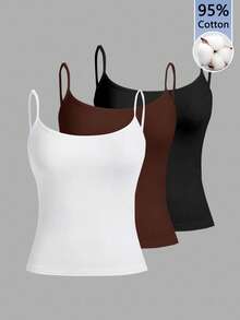 Tseoso 3件套休闲修身女士吊带背心，95%棉，适合夏季，复古可爱，甜美少女风，夏季外出单品，居家，返校季，秋季女装，百搭，3件装背心，修身背心，紧身背心，吊带背心，基础款上衣 - 彩色 - 查看 10