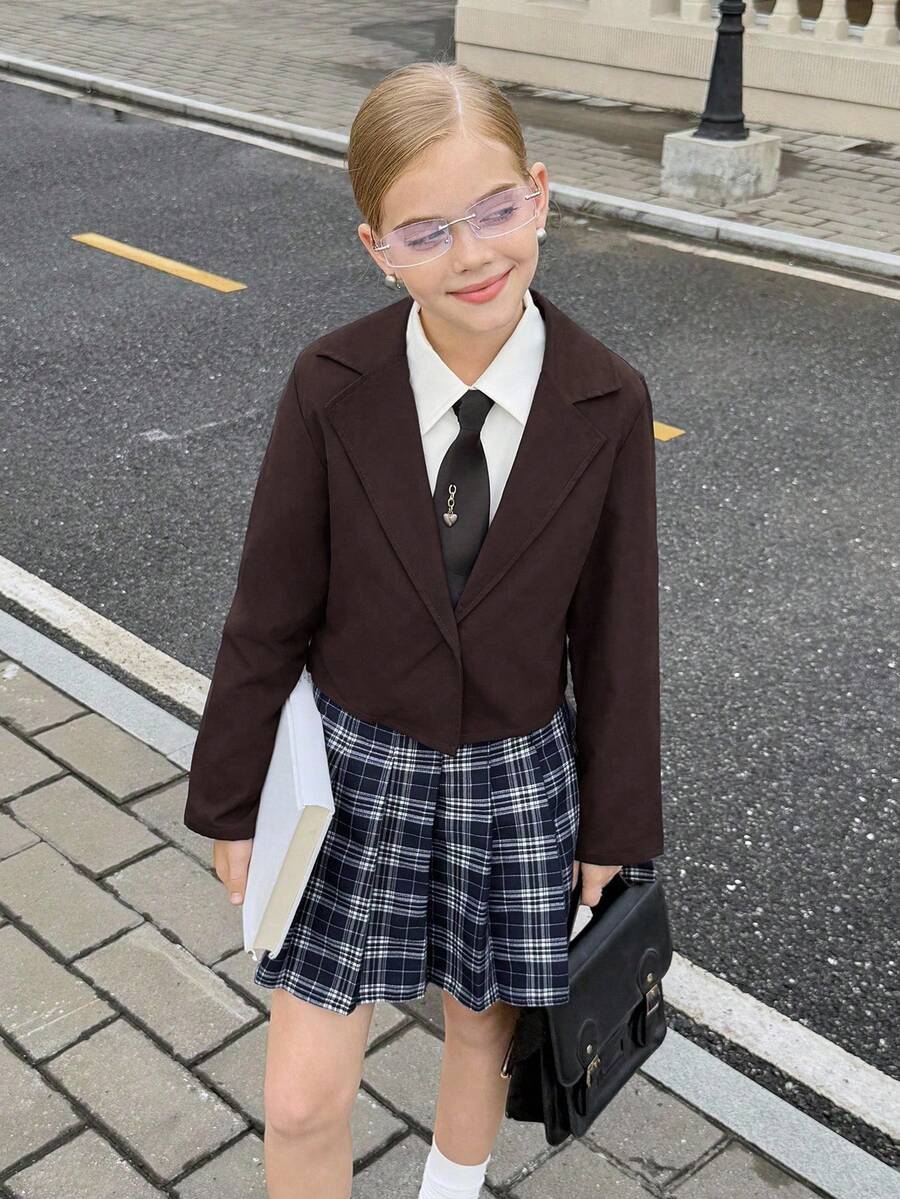 青少年女孩休闲单扣夹克,适合返校季 - 棕色 - 查看 1