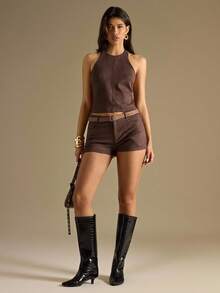 SHEIN BAE Quần short bó cạp thấp màu trơn dành cho nữ - Cà phê nâu - Xem 7