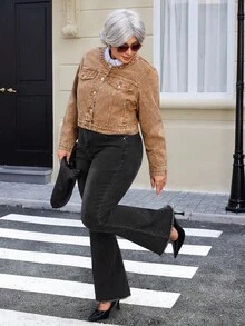 EMERY ROSE Plus Size Women's Vintage Washed Denim Jacket, Autumn - Coffee Brown - View 2
