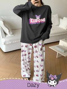 DAZY HELLO KITTY AND FRIENDS | SHEIN 女士卡通图案宽松上衣和裤子睡衣套装，秋季、秋冬季服装 - 深灰色 - 查看 4