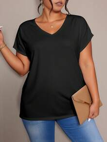 EMERY ROSE Plus Size Women's Casual Everyday Commute Simple Versatile Solid Black V-Neck Batwing Short Sleeve Loose T-Shirt