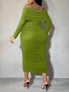 SHEIN SXY Plus Size Women Green Off-Shoulder Ruffle Mesh Bodycon Dress, Autumn - Green - View 2