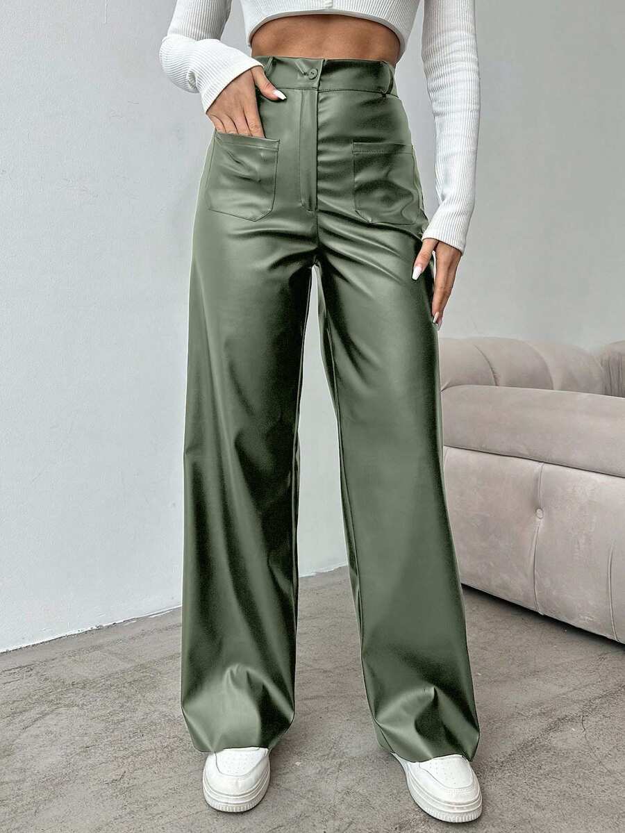 EURMUSE Women's Solid Color High Waist Straight Leg Pants, Suitable For Commuting - Green - View 1