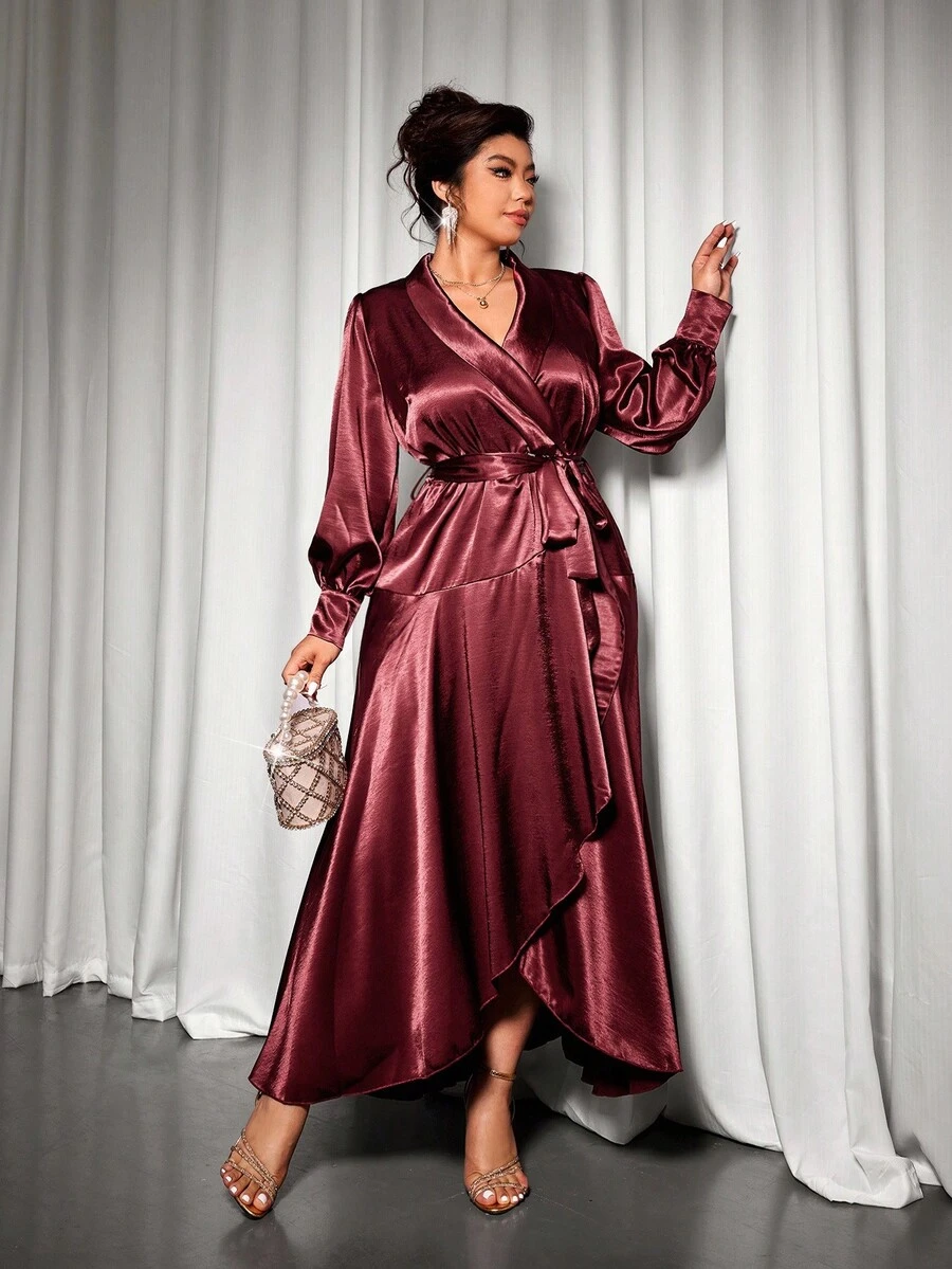Cravure Váy suông tay loe cổ chữ V bóng loáng cỡ lớn cho nữ, viền bất đối xứng ở eo - Màu Đỏ Sâu - Xem 1
