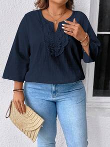 Breezaya Áo cánh cotton nguyên chất mùa hè cỡ lớn dành cho nữ, cổ trước thêu miếng vá, thích hợp mặc ở nhà/hàng ngày/đi nghỉ/thường ngày đơn giản thoải mái - Màu xanh hải quân - Xem 7