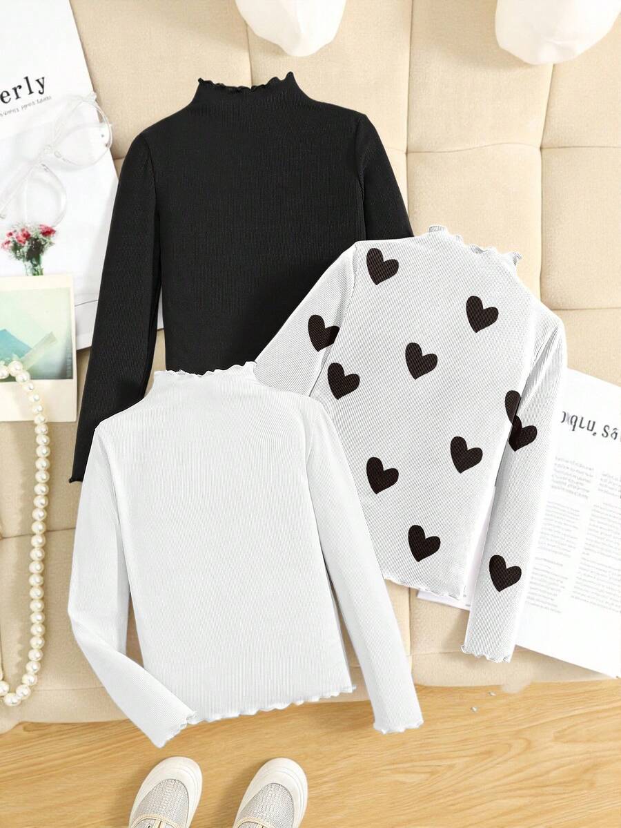 SHEIN 3 件套青少年女孩休闲百搭修身立领长袖心形印花 T 恤，秋冬 - 彩色 - 查看 1