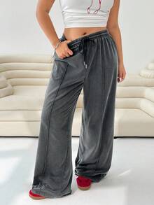 Solflare Women's Elastic Waist Drawstring Straight Leg Loose Casual Light Gray Sweatpants/Winter