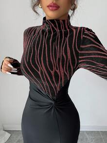 Modelyn 女式斑马条纹立领长袖侧开衩下摆扭腰修身连衣裙，带烫金印花，优雅晚会礼服，女士优雅开叉，开叉大腿，扭纹长袖立领修身长款黑色常规袖图案修身女式长裙，春/秋，休闲日常穿着超长女装长款晚礼服 - 酒紅色 - 查看 1