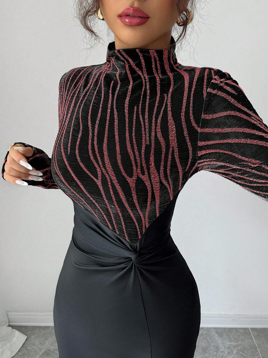 Modelyn 女式斑马条纹立领长袖侧开衩下摆扭腰修身连衣裙，带烫金印花，优雅晚会礼服，女士优雅开叉，开叉大腿，扭纹长袖立领修身长款黑色常规袖图案修身女式长裙，春/秋，休闲日常穿着超长女装长款晚礼服 - 酒紅色 - 查看 1