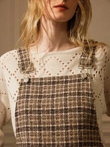 Écloséra Women's Simple Casual Brown Dress Plaid Double Pocket Wide Shoulder Strap Suspender Skirt Women's Autumn Dress For Going Out Female Country Style