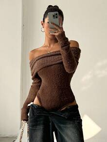 SHEIN Unity Autumn/Winter Off Shoulder Ribbed Turtleneck Long Sleeve Bodysuit Fall Cloth For Women - Brown - View 6